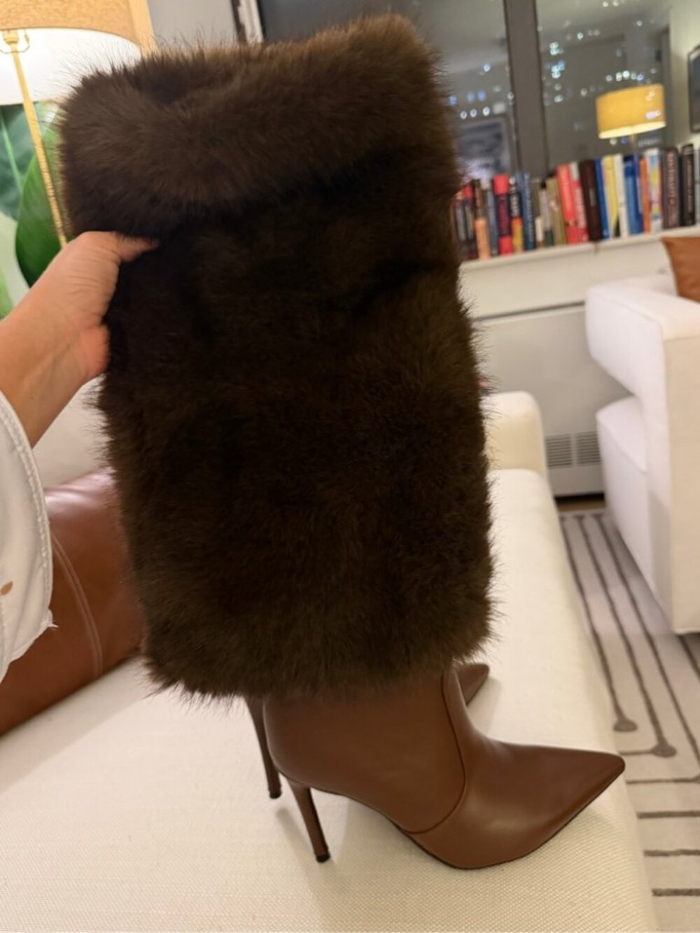 Brown Fur Cuff Pointed Toe Heeled Boots Size 7.5